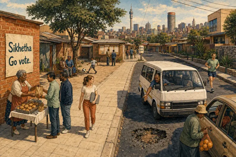 Fictional Johannesburg voting-season street scene: a pavement food stall, a laptop-carrying walker, a child with a ball, a minibus driver at a pothole, a street seller and a runner.